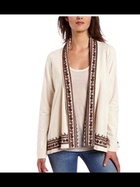 Lucky Brand Cream Open-Front Cardigan with Brown Embroidered Trim